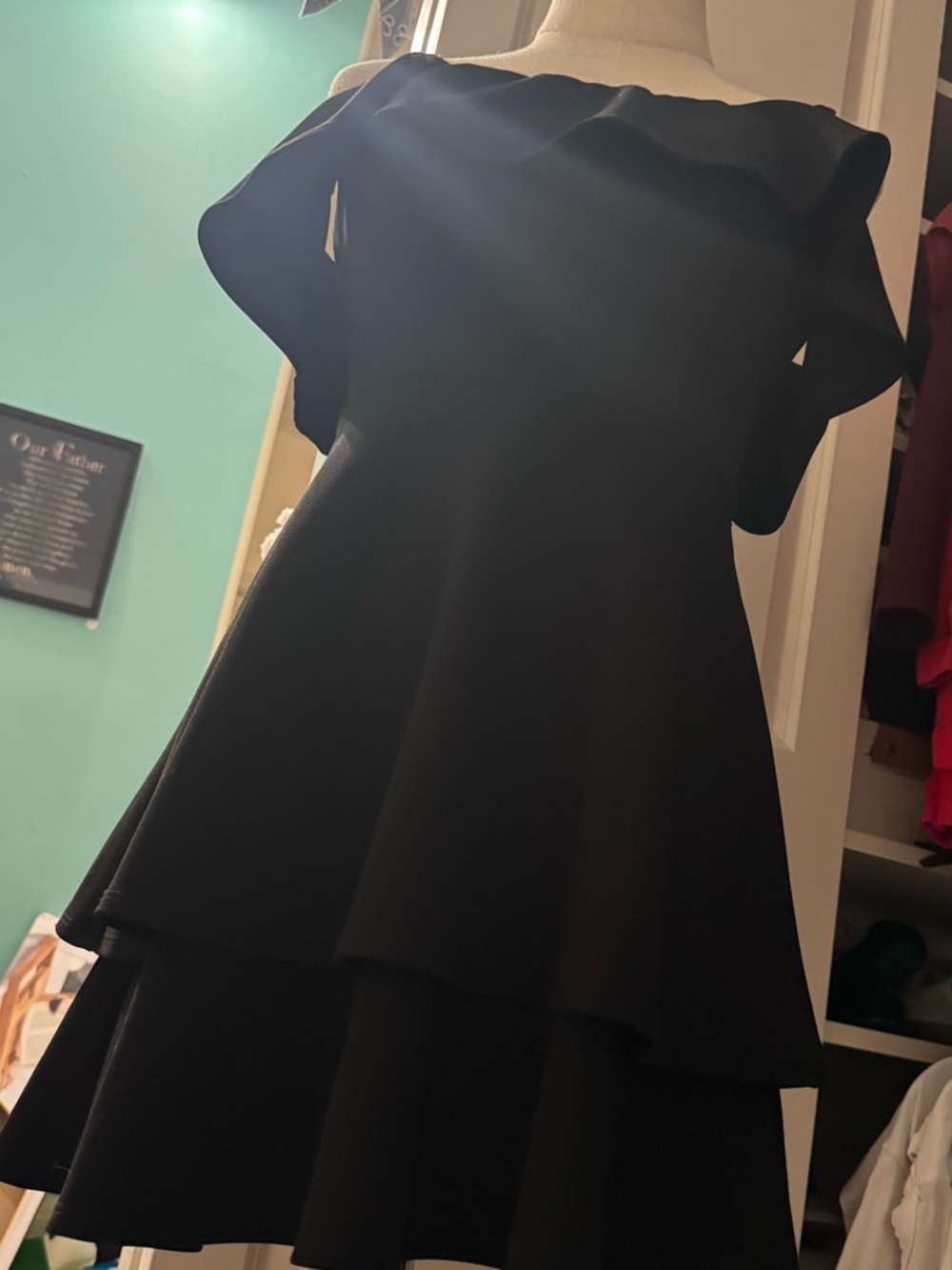 B Darlin Black Off-Shoulder Tiered Mini Dress